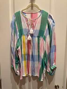 Pastel Plaid Tassel Peasant Tunic - Multicolor